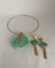 Load image into Gallery viewer, 18K CARVED BRIGHT GREEN JADE EARRINGS WITH TASSEL

