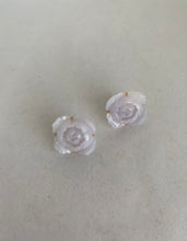 Load image into Gallery viewer, 18K CARVED PEONY LAVENDER JADE EARRINGS
