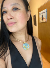Load image into Gallery viewer, 18K CARVED LIGHT BLUEISH/BRIGHT YELLOW JADE PEONY PENDANT
