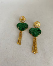 Load image into Gallery viewer, 18K CARVED DEEP GREEN JADE WITH TASSELS EARRINGS
