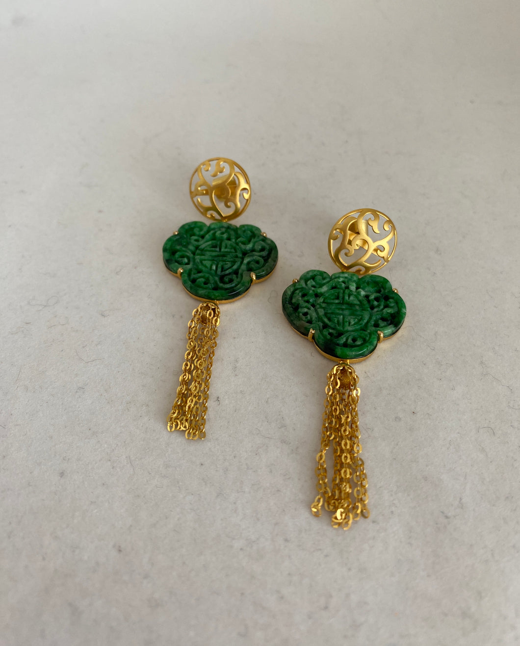 18K CARVED DEEP GREEN JADE WITH TASSELS EARRINGS