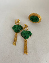 Load image into Gallery viewer, 18K CARVED DEEP GREEN JADE WITH TASSELS EARRINGS
