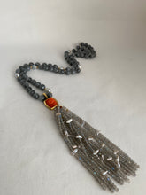 Load image into Gallery viewer, TRANSLUCENT GREY JADE &amp; BLUE AKOYA PEARL ROPE WITH CUSHION SHAPE CORAL ENHANCER

