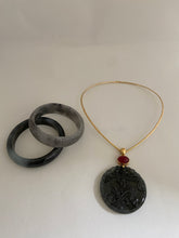 Load image into Gallery viewer, CARVED CHARCOAL GREY JADE PENDANT WITH RUBELLITE ON TOP
