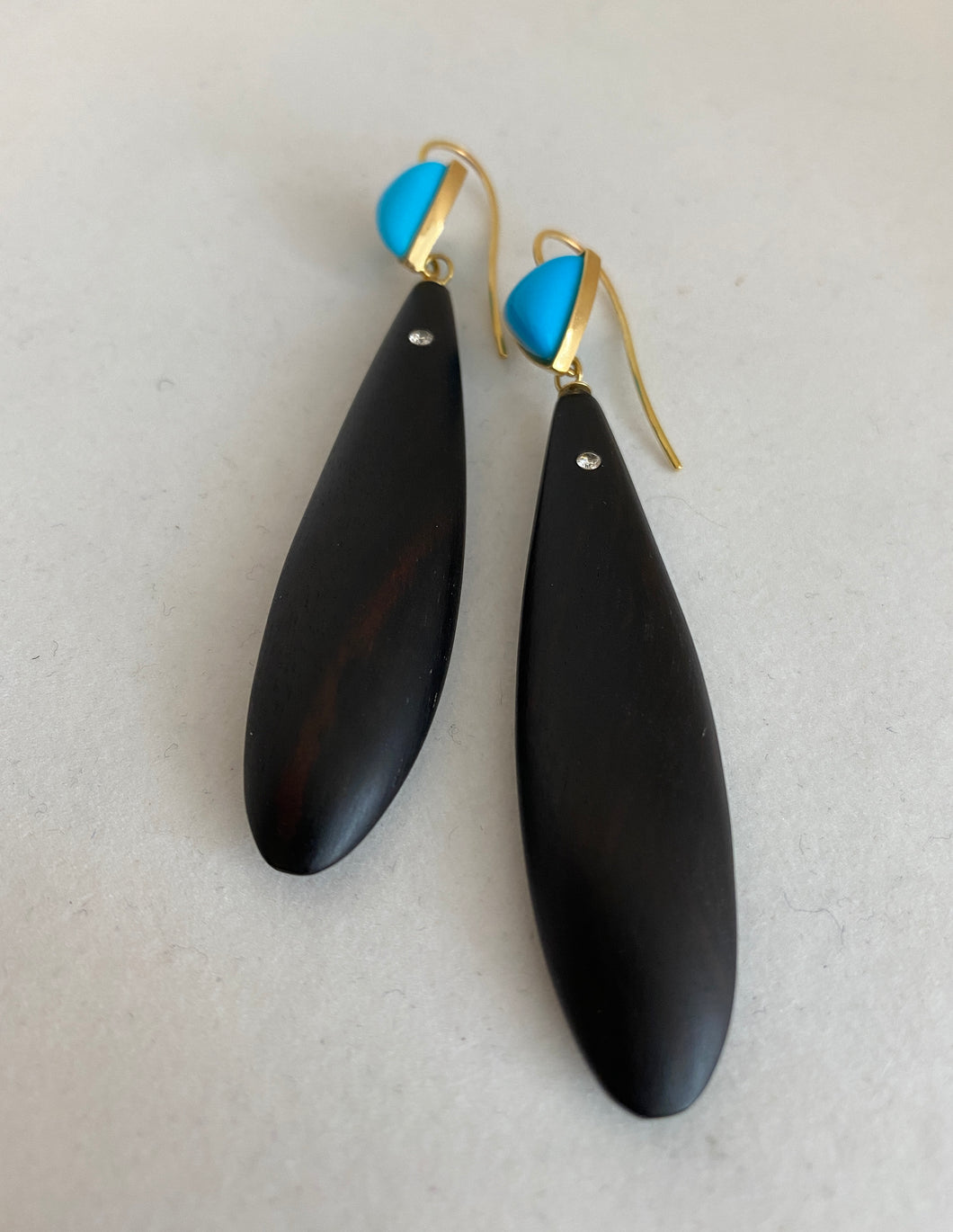 18K BLACK MAHOGANY WOOD DROP EARRINGS WITH DIAMOND & BLUE TURQUOISE ON TOP