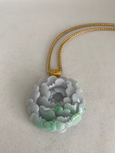 Load image into Gallery viewer, 18K CARVED LIGHT GREY WITH GREEN JADEITE JADE PEONY PENDANT
