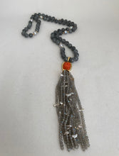 Load image into Gallery viewer, TRANSLUCENT GREY JADE &amp; BLUE AKOYA PEARL ROPE WITH CUSHION SHAPE CORAL ENHANCER
