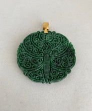 Load image into Gallery viewer, 18K DARK GREEN JADEITE JADE MEDALLION WITH CARVED BUTTERFLY
