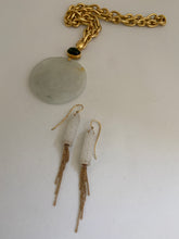 Load image into Gallery viewer, 18K CARVED WHITE CYLINDER JADE WITH GOLD TASSELS EARRINGS
