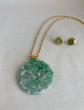 Load image into Gallery viewer, 18K APPLE GREEN JADEITE JADE PENDANT WITH CARVED LOTUS AND BIRD OF HAPPINESS
