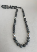 Load image into Gallery viewer, TRANSLUCENT GREY JADE &amp; BLUE AKOYA PEARL ROPE WITH CUSHION SHAPE CORAL ENHANCER
