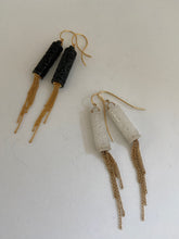 Load image into Gallery viewer, 18K CARVED WHITE CYLINDER JADE WITH GOLD TASSELS EARRINGS
