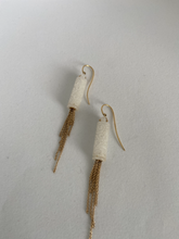 Load image into Gallery viewer, 18K CARVED WHITE CYLINDER JADE WITH GOLD TASSELS EARRINGS
